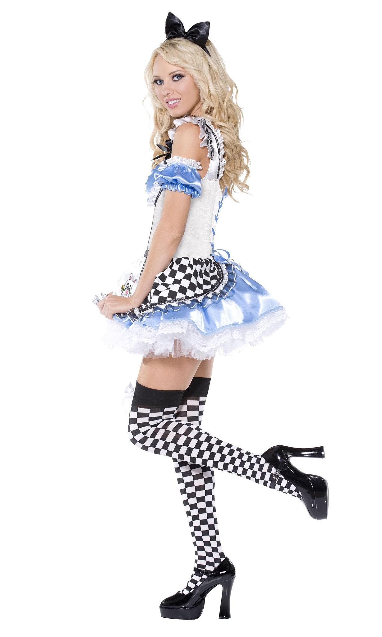 Side of short blue, white and black Alice dress with headpiece