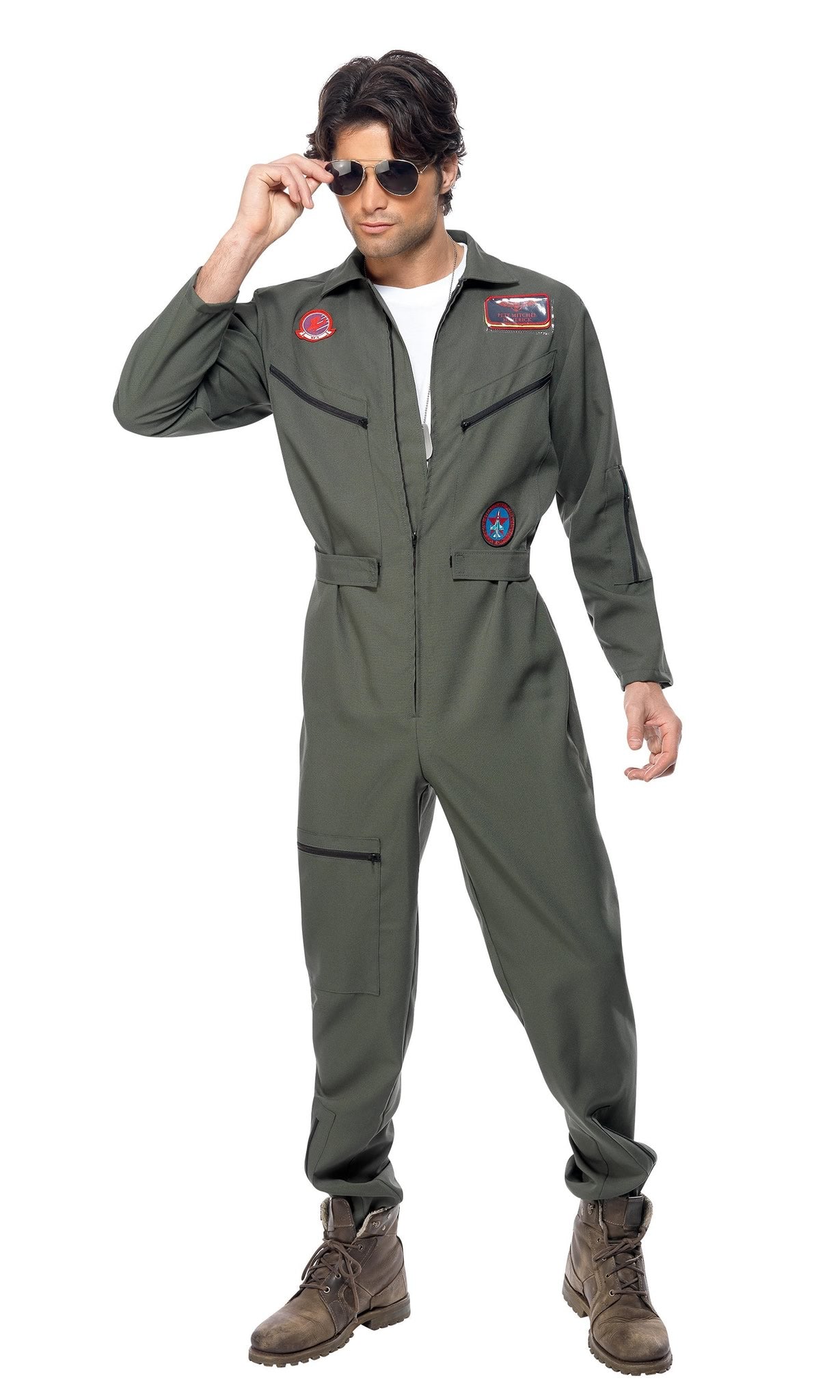 Alternate view of green Top Gun pilot overalls with glasses, dog tags and name tags