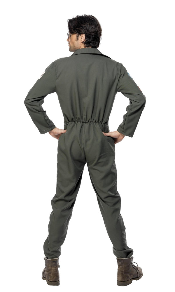 Back of green Top Gun pilot overalls with glasses
