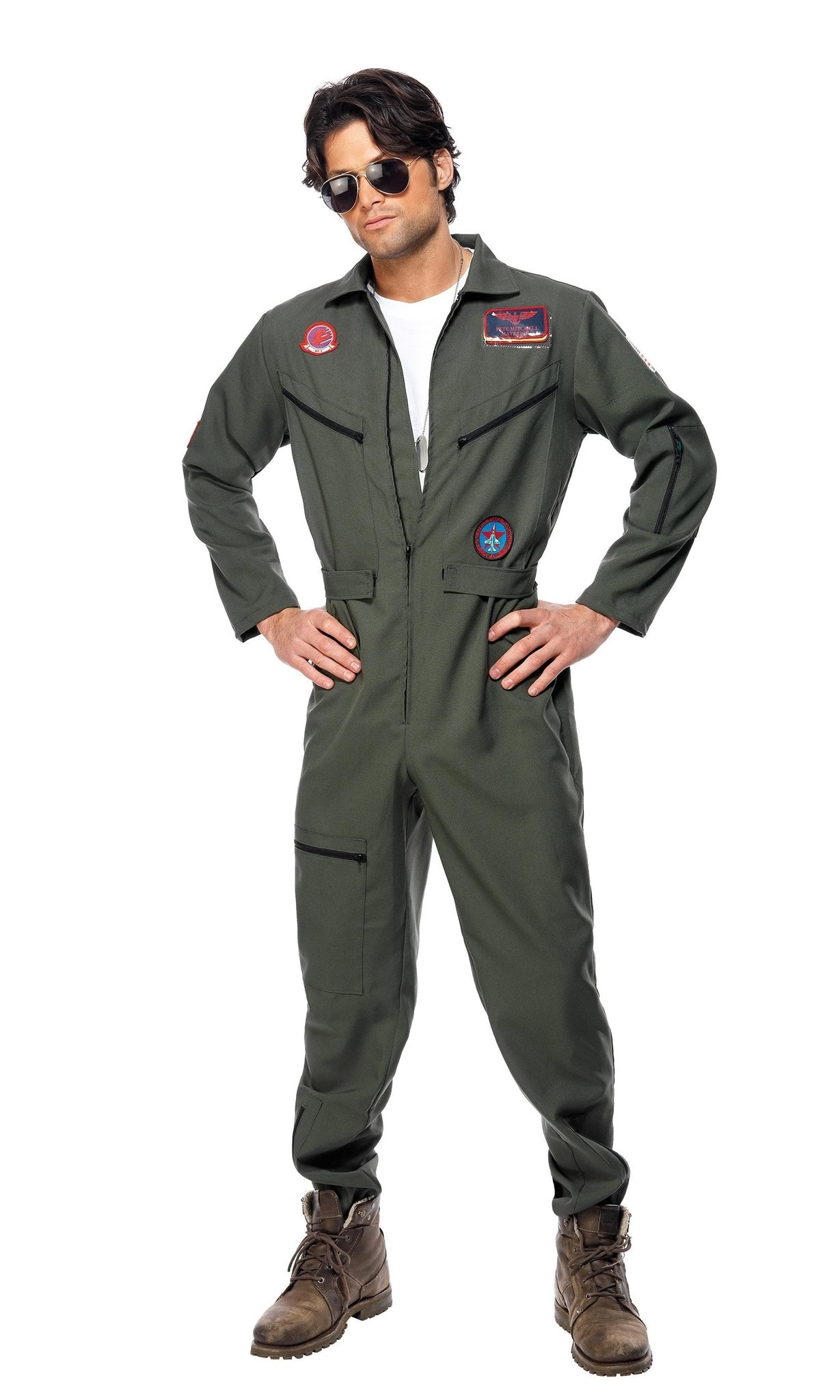 Green Top Gun pilot overalls with glasses, dog tags and name tags