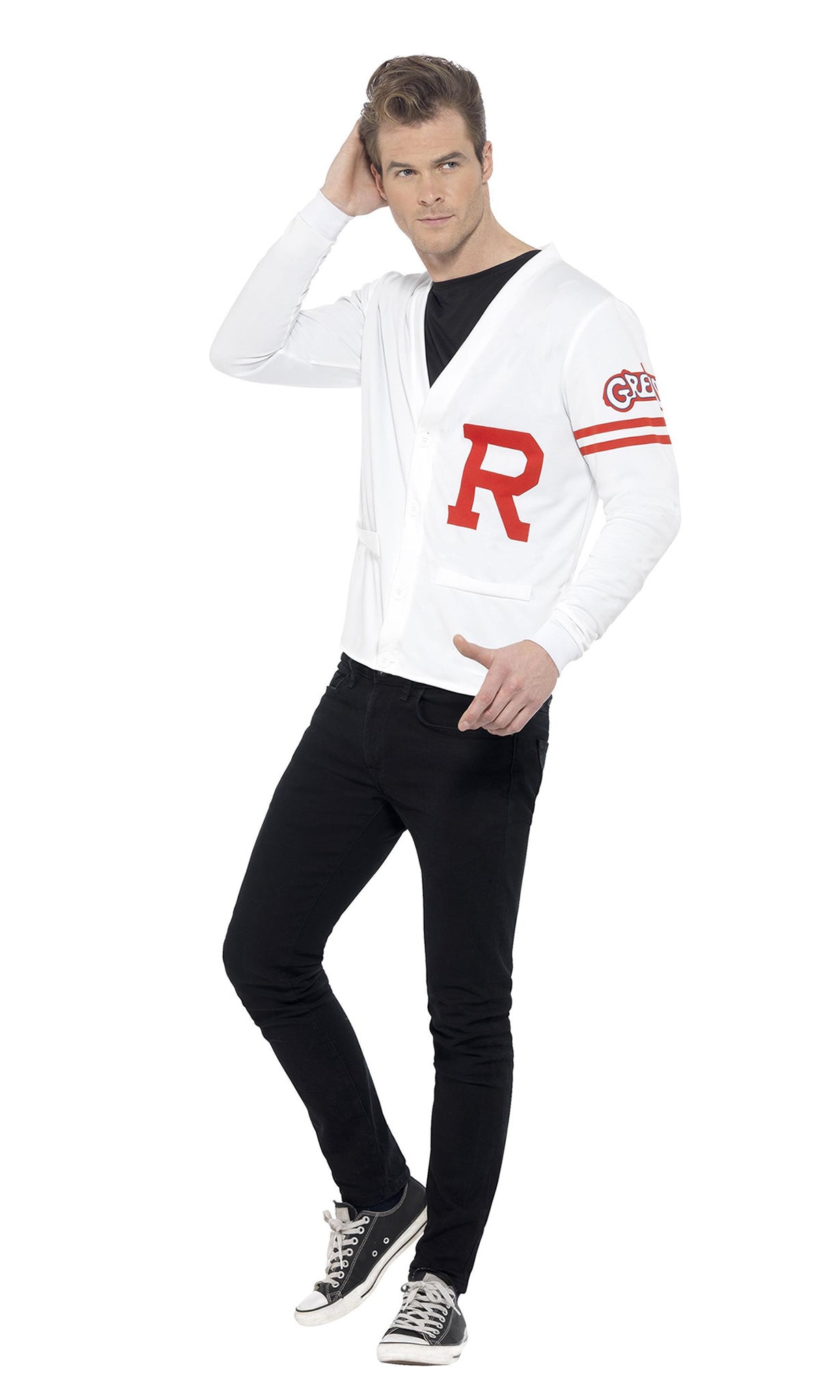 White Rydell school jacket with Grease logo and red stripes