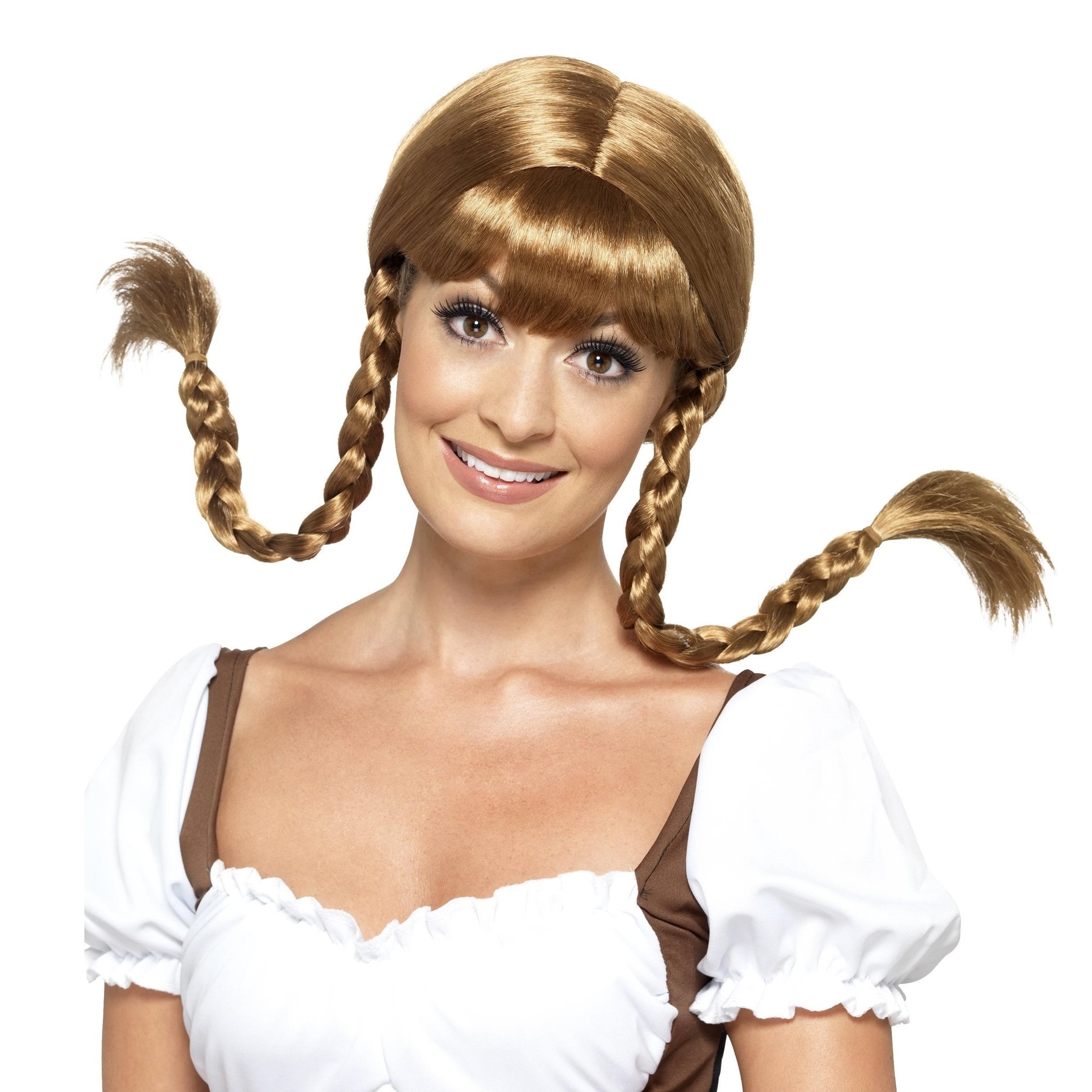 Long golden brown alpine style wig with pigtails