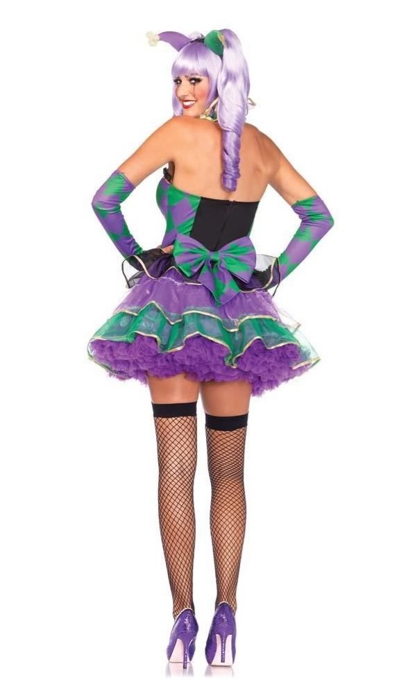 Back of strapless Jester dress ruffle choker, gloves and headband