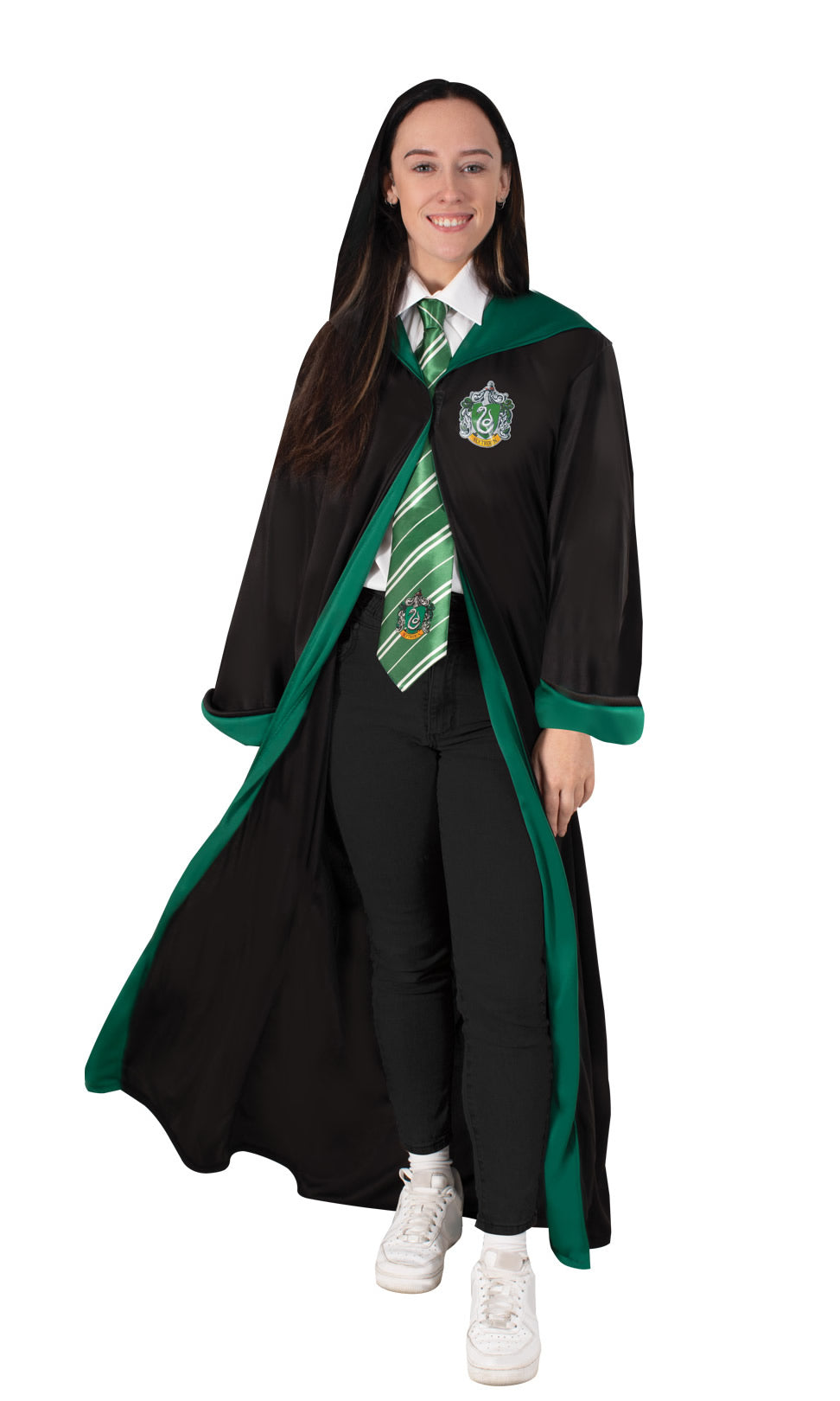 Black and green Slytherin house robe with motif