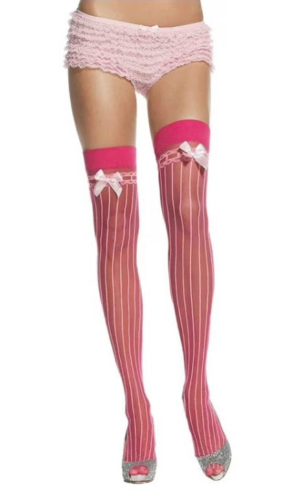 Pin stripe pink sheer stockings with satin bows