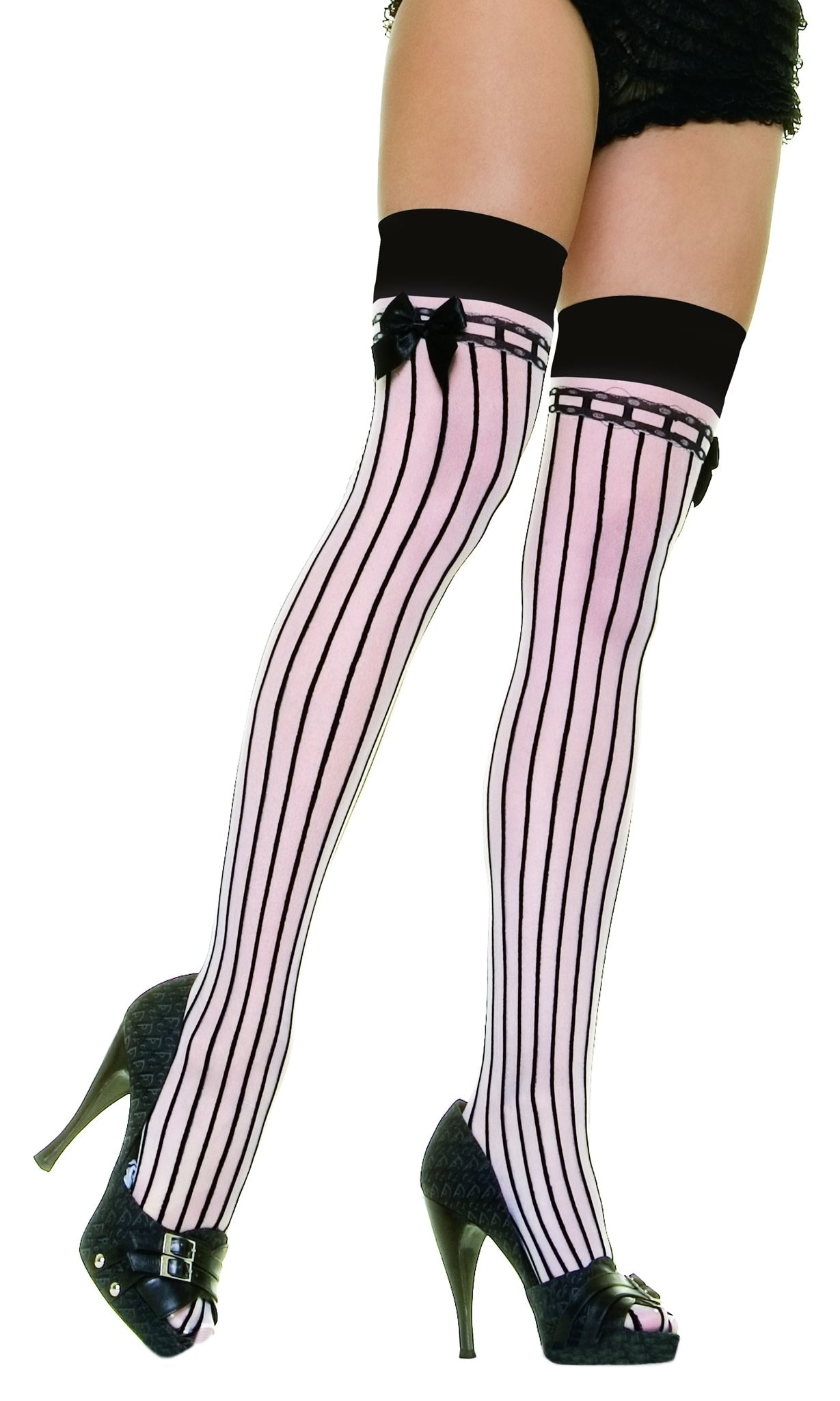 Pinstripe pink and black lycra thigh high stockings