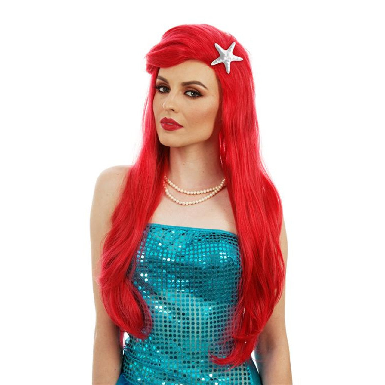 Long red mermaid style wig with starfish clip