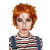 Orange Chucky style wig with stitch tattoos