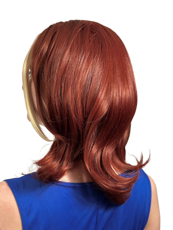 Back of Ginger Spice red wig with blond streaks