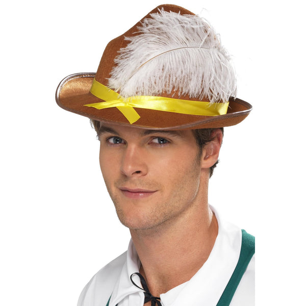 Brown Oktoberfest hat with yellow ribbon and white feather