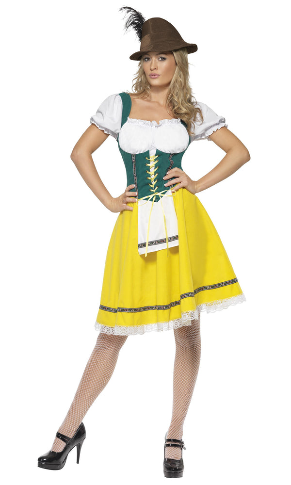 Lace trim yellow, green and white Oktoberfest dress with attached apron