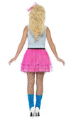 Back of women's 80s costume with pink and black dress, cropped jacket and pink headpiece