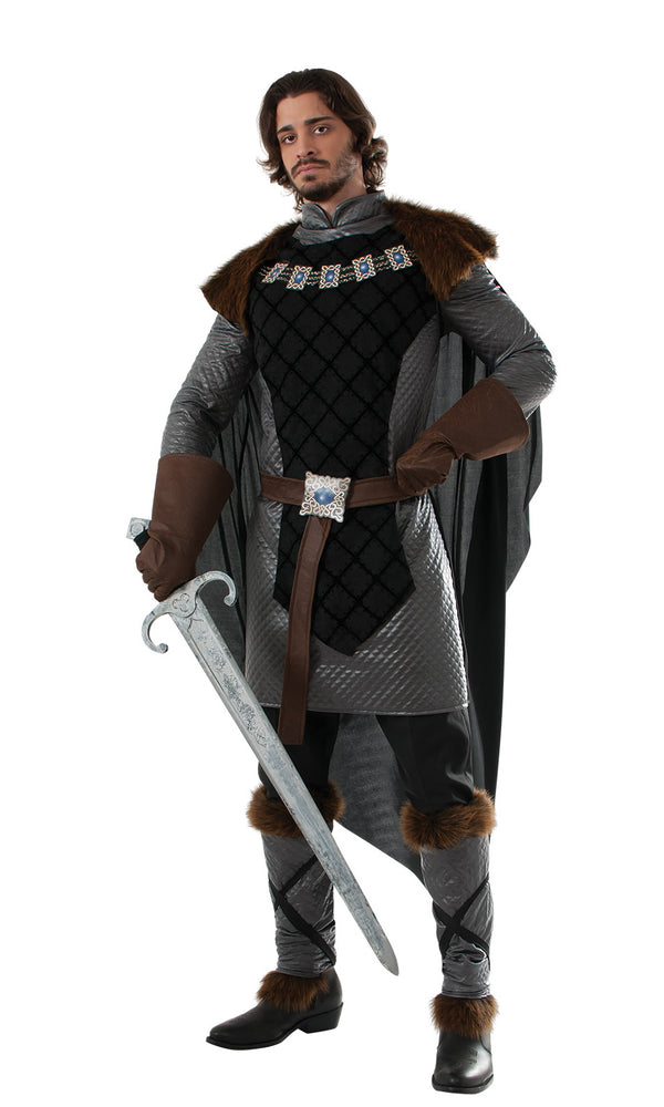 Grey and brown knight tunic with cape, belt and boot tops