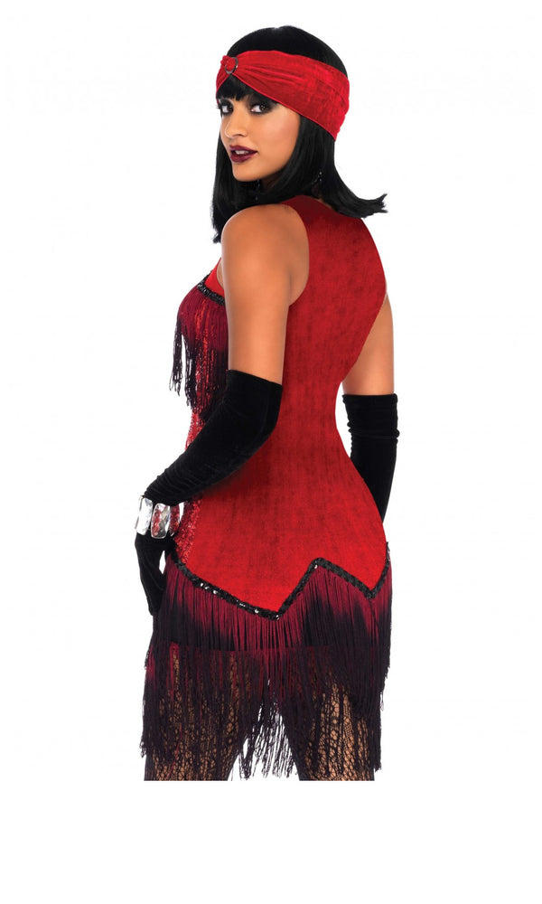 Back of short red and black flapper dress with tassels and headband