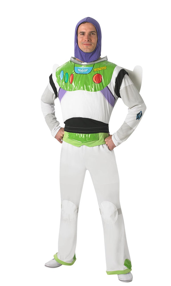 White, green and purple Buzz Lightyear men's costume with detachable wings and hood