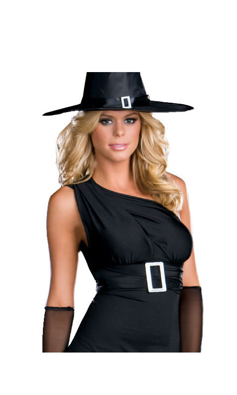 One shoulder black witch dress with pointy hat and sheer gloves