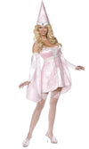 Pink princess dress with corset, sleeves, and tall hat with veil